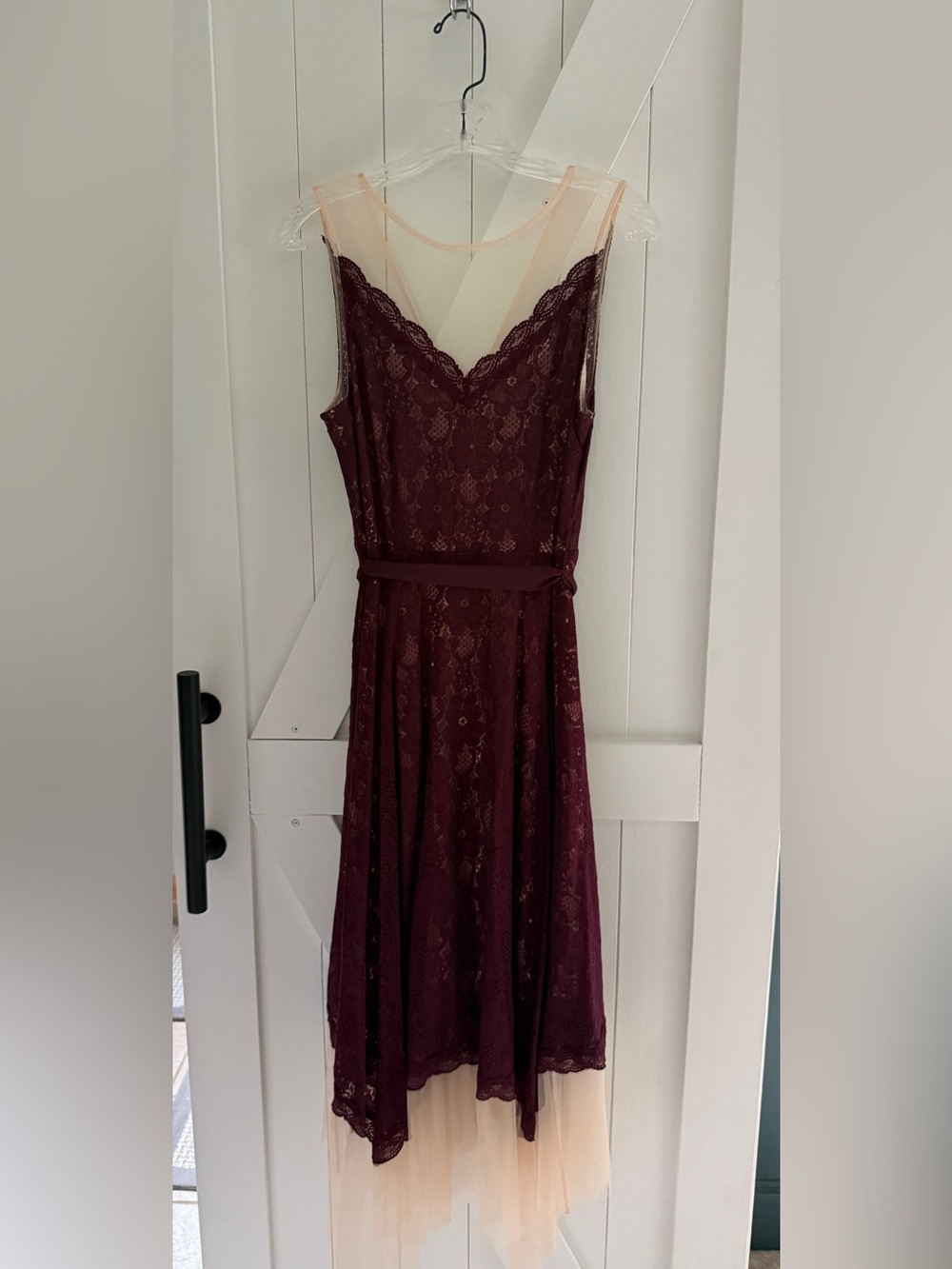 LC Lauren Conrad Burgundy Lace Midi Dress with Sheer Illusion Neckline